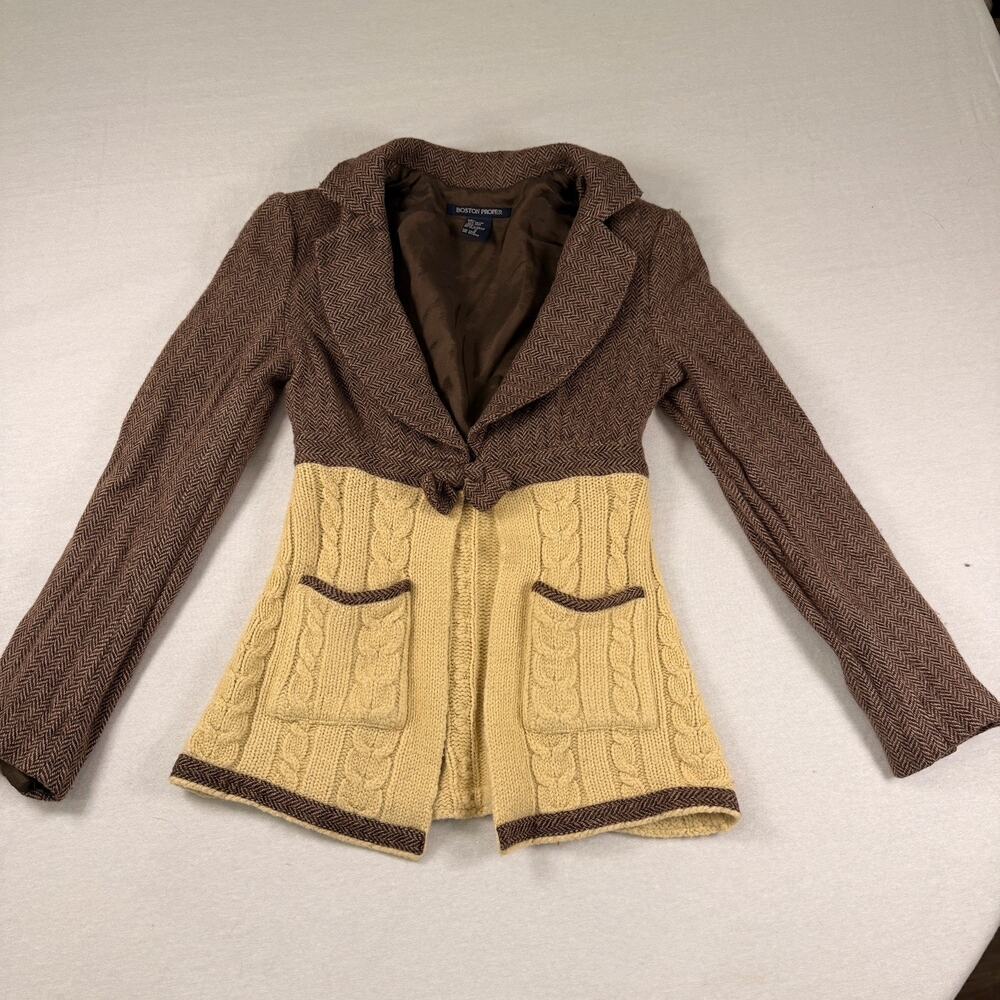 Boston Proper Hybrid Herringbone Tweed Cable Knit Blazer Jacket Women Size 2 VTG